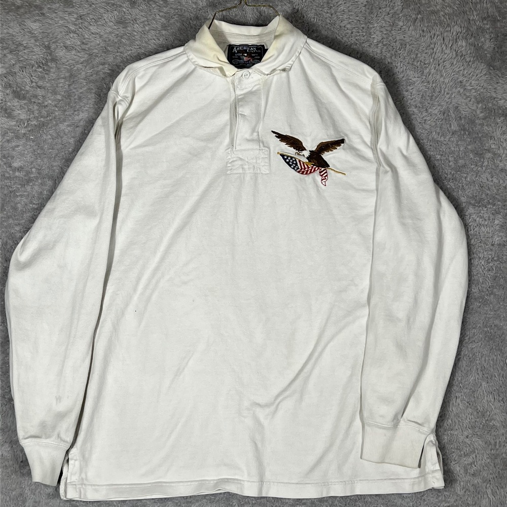 American Living Mens White Long Sleeve Rugby Polo Shirt Eagle Flag Size M